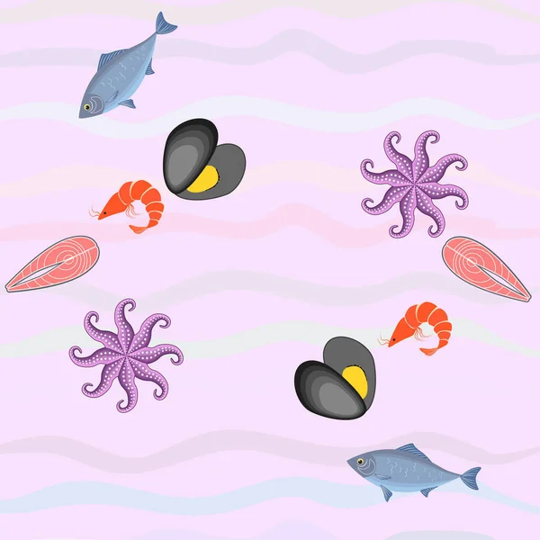 Meeresfrüchte Vektorillustration Frischer Meeresfisch Muscheln Garnelen Kraken — Stockvektor