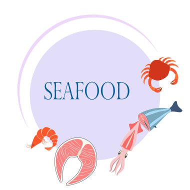 Balık, karides, yengeç, kalamar. Vektör deniz ürünleri. Yemek ve restoran tasarımı.