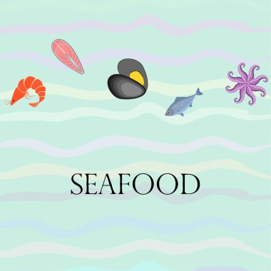 Deniz ürünleri vektör illüstrasyonu. Taze deniz balığı, midye, karides, ahtapot..