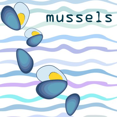 Midyeler taze deniz ürünleri. Vektör arka planı. Yemek ve restoran tasarımı.