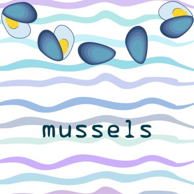 Midyeler taze deniz ürünleri. Vektör arka planı. Yemek ve restoran tasarımı.