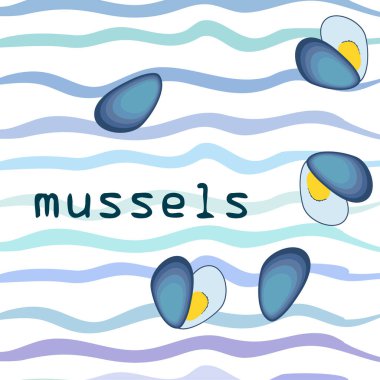 Midyeler taze deniz ürünleri. Vektör arkaplanı. Yemek ve restoran tasarımı.