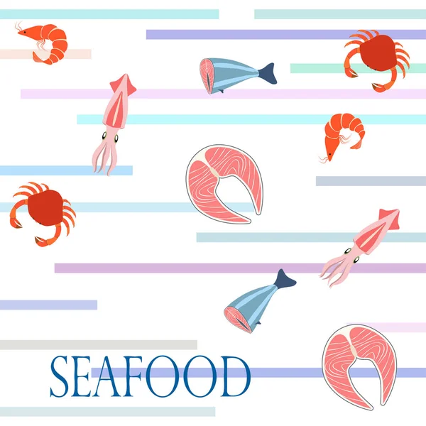 Poisson Crevettes Crabe Calmar Fruits Mer Vectoriels Design Gastronomique Restaurant — Image vectorielle