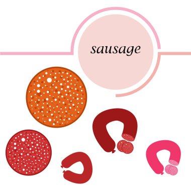 Sosisler. Taze et ürünleri. Sosis ikonları. Vektör arkaplanı.