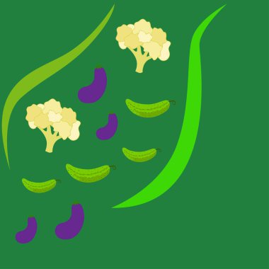 Karnabahar, salatalık, patlıcan. Organik gıda posteri. Çiftçi pazarı tasarımı. Vektör arkaplanı.