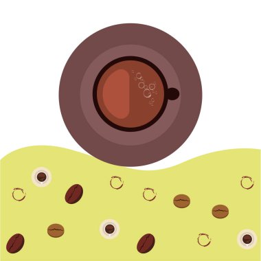 Kahve fincanı, kahve taneleri, kahvaltı konsepti. Restoran için İçecek menüsü, vektör arka plan.