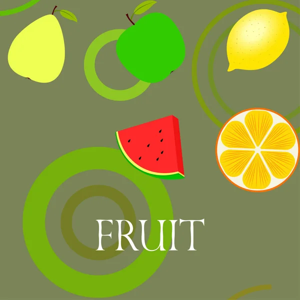 果物とベリー カラフルな漫画の果物のアイコン オレンジ リンゴ レモン スイカ ベクトル背景 — ストックベクタ