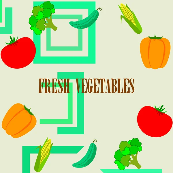 Majs Tomat Peppar Gurka Broccoli Affisch För Ekologisk Mat Utformning — Stock vektor