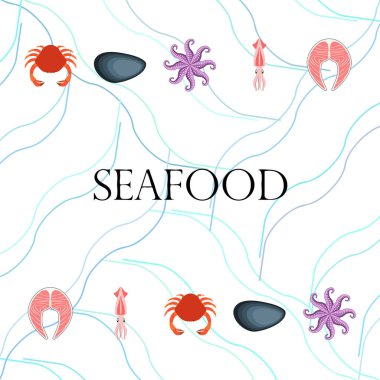 Kalamar, midye, yengeç, balık, ahtapot. Taze deniz ürünleri. Vektör arka planı. Restoran tasarımı.
