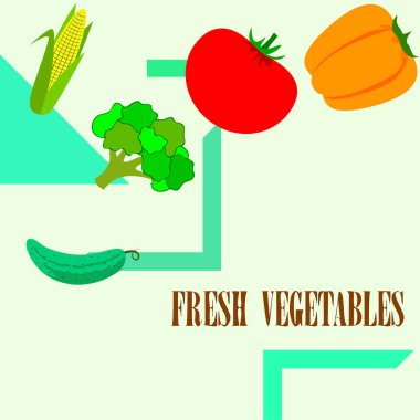 Mısır, domates, biber, salatalık, brokoli. Organik gıda posteri. Çiftçi pazarı tasarımı. Vektör arkaplanı.
