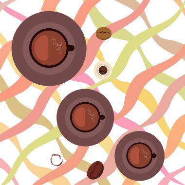 Kahve fincanı, kahve taneleri, kahvaltı konsepti. Restoran için İçecek menüsü, vektör arka plan.