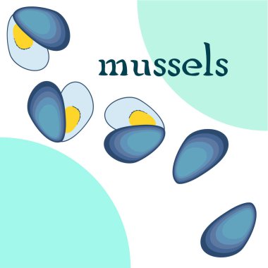 Midyeler taze deniz ürünleri. Vektör arka planı. Yemek ve restoran tasarımı.