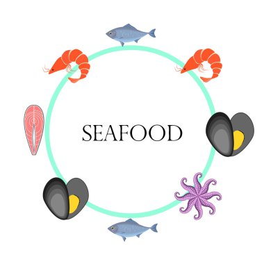 Deniz ürünleri vektör illüstrasyonu. Taze deniz balığı, midye, karides, ahtapot..