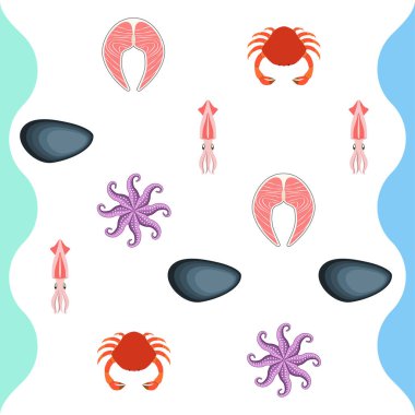 Kalamar, midye, yengeç, balık, ahtapot. Taze deniz ürünleri. Vektör arka planı. Restoran tasarımı.