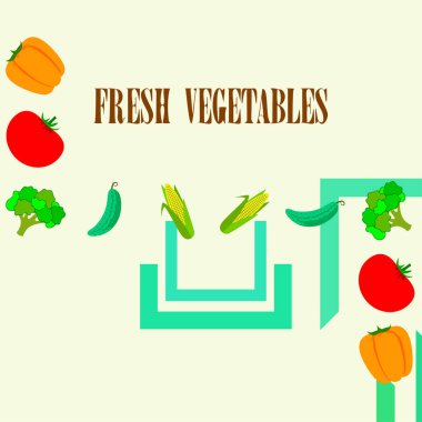 Mısır, domates, biber, salatalık, brokoli. Organik gıda posteri. Çiftçi pazarı tasarımı. Vektör arkaplanı.