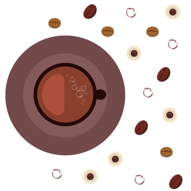 Kahve fincanı, kahve taneleri, kahvaltı konsepti. Restoran için İçecek menüsü, vektör arka plan.