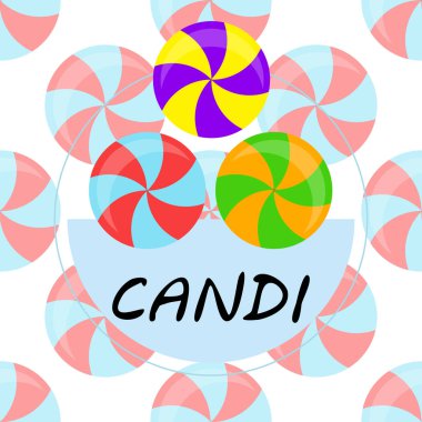 Renkli lolipoplar pastel arka planda düz stil tasarımda. Vektör arkaplan şirin şeker.