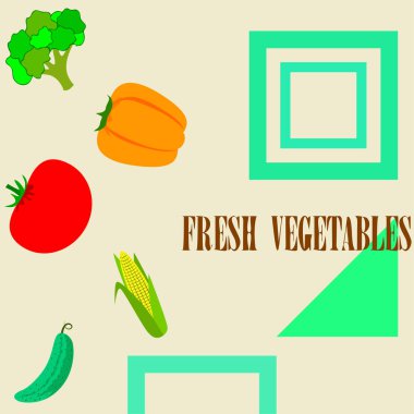 Mısır, domates, biber, salatalık, brokoli. Organik gıda posteri. Çiftçi pazarı tasarımı. Vektör arkaplanı.