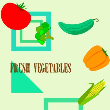 Mısır, domates, biber, salatalık, brokoli. Organik gıda posteri. Çiftçi pazarı tasarımı. Vektör arkaplanı.