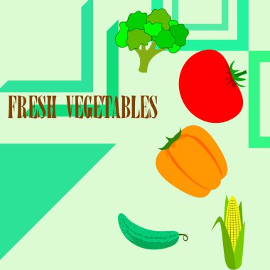 Mısır, domates, biber, salatalık, brokoli. Organik gıda posteri. Çiftçi pazarı tasarımı. Vektör arkaplanı.