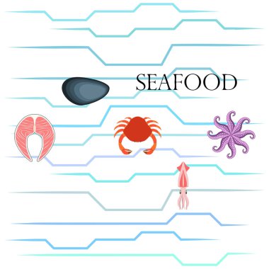Kalamar, midye, yengeç, balık, ahtapot. Taze deniz ürünleri. Vektör arka planı. Restoran tasarımı.