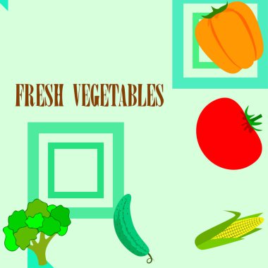 Mısır, domates, biber, salatalık, brokoli. Organik gıda posteri. Çiftçi pazarı tasarımı. Vektör arkaplanı.