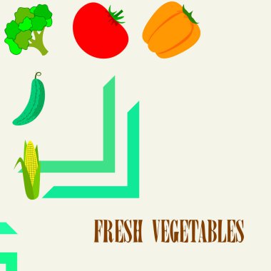 Mısır, domates, biber, salatalık, brokoli. Organik gıda posteri. Çiftçi pazarı tasarımı. Vektör arkaplanı.