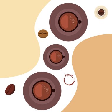 Kahve fincanı, kahve taneleri, kahvaltı konsepti. Restoran için İçecek menüsü, vektör arka plan.