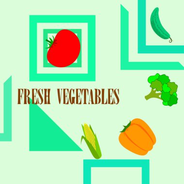 Mısır, domates, biber, salatalık, brokoli. Organik gıda posteri. Çiftçi pazarı tasarımı. Vektör arkaplanı.