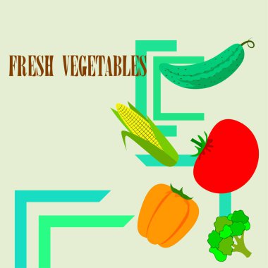 Mısır, domates, biber, salatalık, brokoli. Organik gıda posteri. Çiftçi pazarı tasarımı. Vektör arkaplanı.