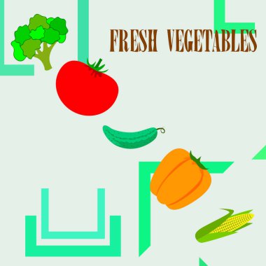 Mısır, domates, biber, salatalık, brokoli. Organik gıda posteri. Çiftçi pazarı tasarımı. Vektör arkaplanı.
