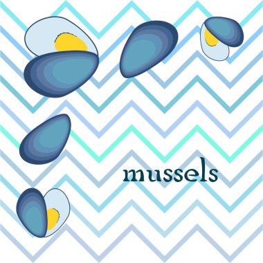 Midyeler taze deniz ürünleri. Vektör arka planı. Yemek ve restoran tasarımı.