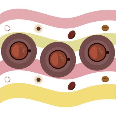 Kahve fincanı, kahve taneleri, kahvaltı konsepti. Restoran için İçecek menüsü, vektör arka plan.