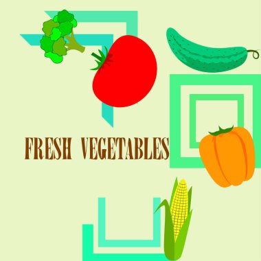 Mısır, domates, biber, salatalık, brokoli. Organik gıda posteri. Çiftçi pazarı tasarımı. Vektör arkaplanı.
