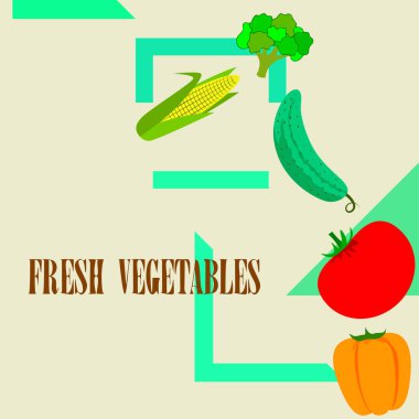 Mısır, domates, biber, salatalık, brokoli. Organik gıda posteri. Çiftçi pazarı tasarımı. Vektör arkaplanı.