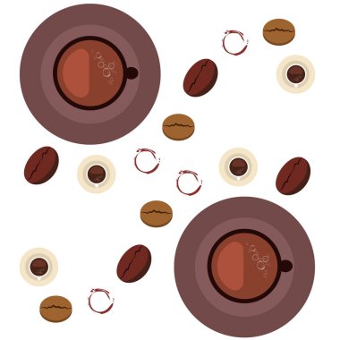 Kahve fincanı, kahve taneleri, kahvaltı konsepti. Restoran için İçecek menüsü, vektör arka plan.