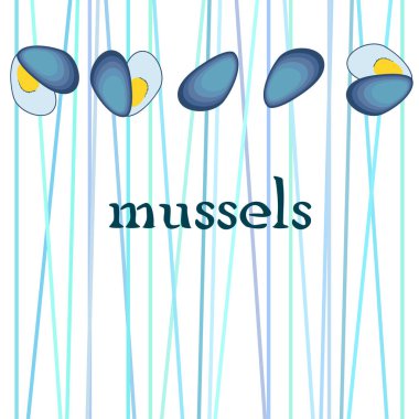 Midyeler taze deniz ürünleri. Vektör arka planı. Yemek ve restoran tasarımı.