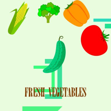 Mısır, domates, biber, salatalık, brokoli. Organik gıda posteri. Çiftçi pazarı tasarımı. Vektör arkaplanı.
