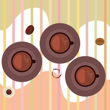 Kahve fincanı, kahve taneleri, kahvaltı konsepti. Restoran için İçecek menüsü, vektör arka plan.