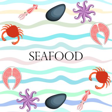Kalamar, midye, yengeç, balık, ahtapot. Taze deniz ürünleri. Vektör arka planı. Restoran tasarımı.