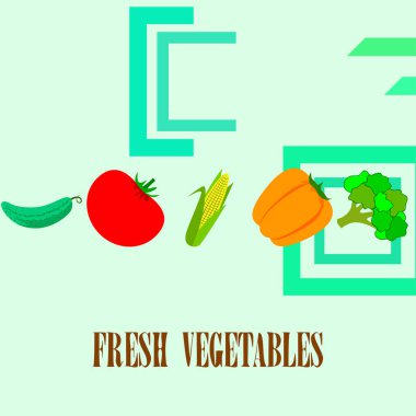 Mısır, domates, biber, salatalık, brokoli. Organik gıda posteri. Çiftçi pazarı tasarımı. Vektör arkaplanı.