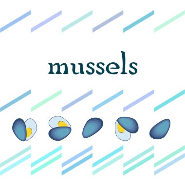 Midyeler taze deniz ürünleri. Vektör arka planı. Yemek ve restoran tasarımı.