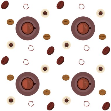 Kahve fincanı, kahve taneleri, kahvaltı konsepti. Restoran için İçecek menüsü, vektör arka plan.