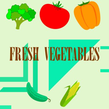 Mısır, domates, biber, salatalık, brokoli. Organik gıda posteri. Çiftçi pazarı tasarımı. Vektör arkaplanı.