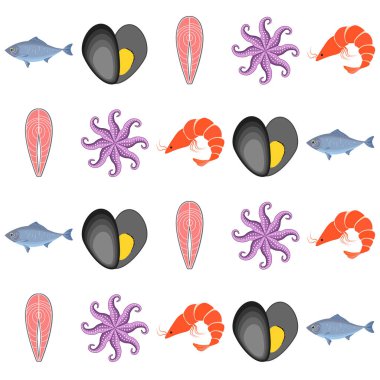 Deniz ürünleri vektör illüstrasyonu. Taze deniz balığı, midye, karides, ahtapot..