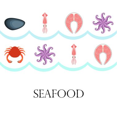 Kalamar, midye, yengeç, balık, ahtapot. Taze deniz ürünleri. Vektör arka planı. Restoran tasarımı.