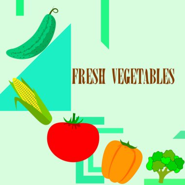 Mısır, domates, biber, salatalık, brokoli. Organik gıda posteri. Çiftçi pazarı tasarımı. Vektör arkaplanı.