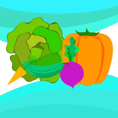 Lahana, pancar, havuç, biber, salatalık, taze sebze. Organik gıda posteri. Çiftçi pazarı tasarımı. Vektör arkaplanı.