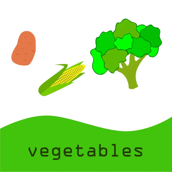 Mais Patate Broccoli Manifesto Cibo Biologico Progettazione Del Mercato Agricolo — Vettoriale Stock