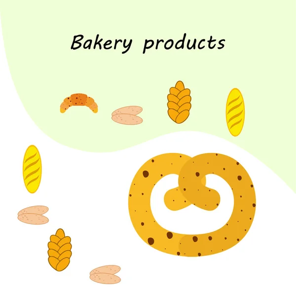 Bakery Products Banner Vector Illustration Wheat Bread Pretzel Ciabatta Croissant — Stock Vector